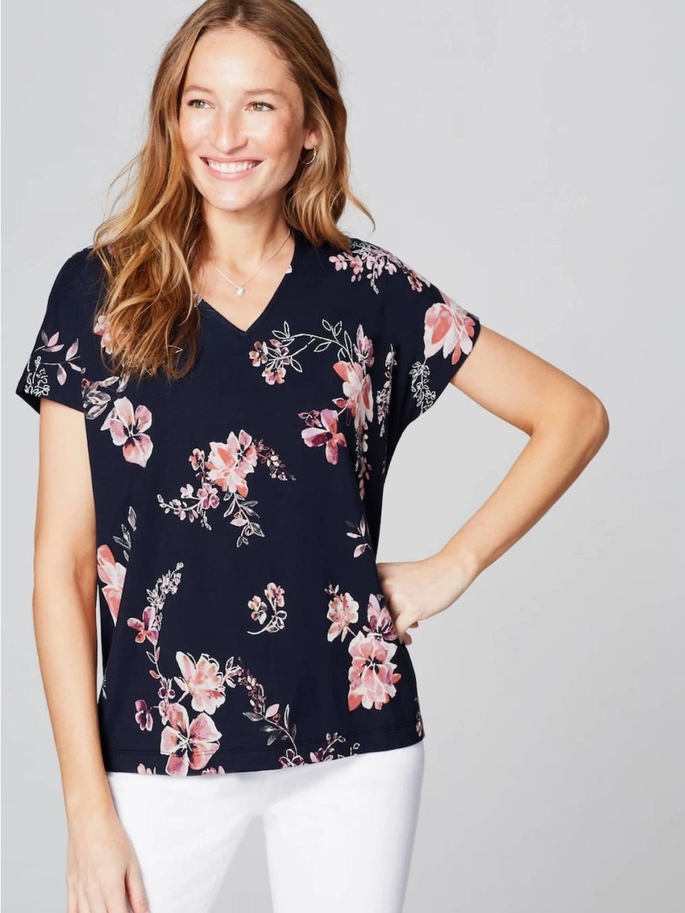 J.Jill Luxe Supima V-Neck Easy Tee Floral Navy Blue Women’s Medium Everyday, 90s